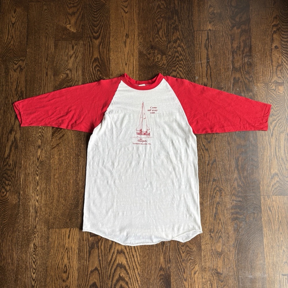 VTG 70s Russell Athletic Raglan T Shirt L Single Stitch Sailboat Vashon Island - Picture 2 of 7